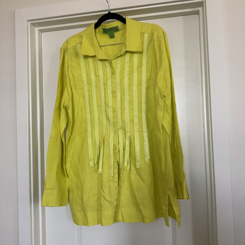 NWOT Neon Yellow XL Chartreuse Lime 100% linen summer button up top fringe